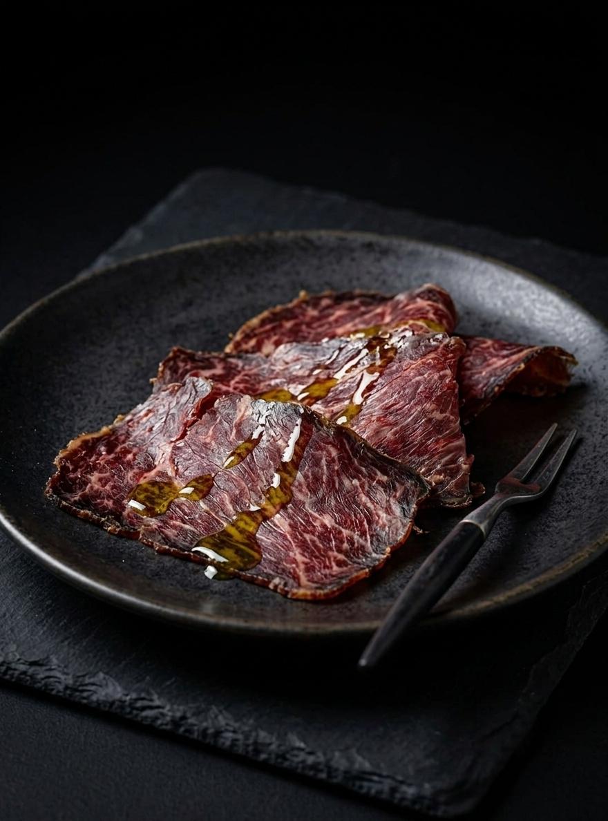 Cecina de vacuno premium de Astorga con aceite de oliva virgen extra en restaurante en Castrillón
