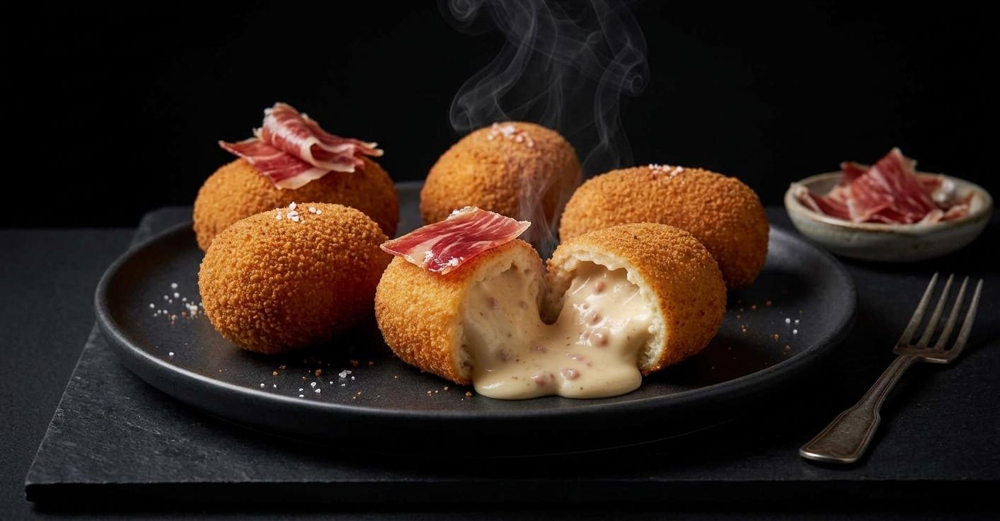 Croquetas artesanales de jamón ibérico Beher cremosas por dentro en restaurante frente al mar