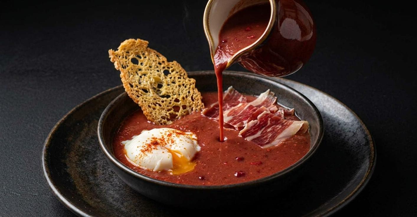 Gazpacho tradicional con hortalizas frescas en restaurante con vistas al mar en Asturias