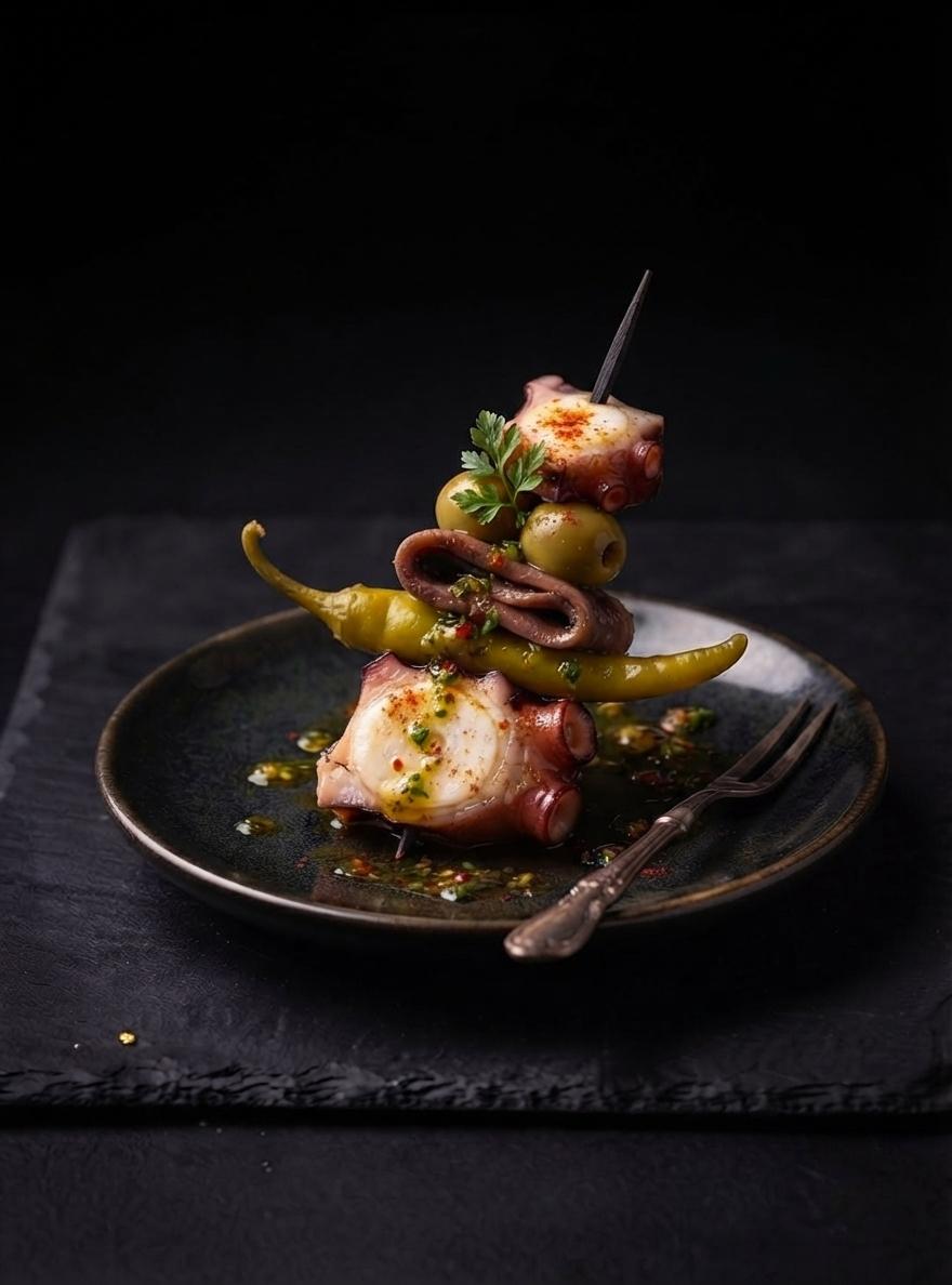 Gilda tradicional con pulpo y aliño secreto, ideal para compartir en restaurante de Asturias