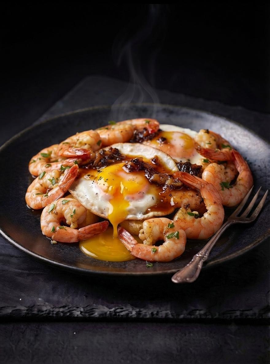 Huevos fritos con gambones al ajillo y reducción de sus cabezas en restaurante frente al mar