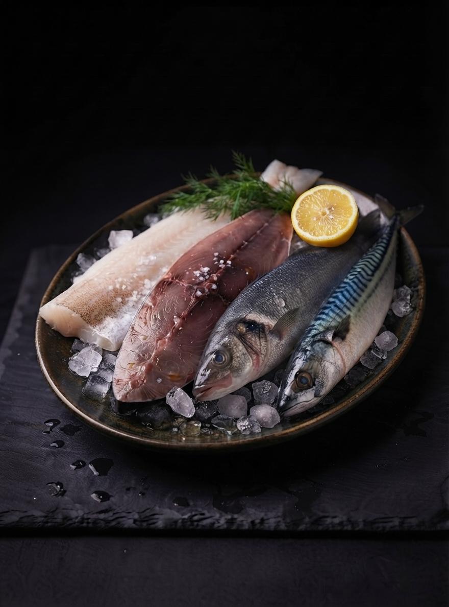 Selección de pescados frescos del Cantábrico presentados en restaurante frente a la playa