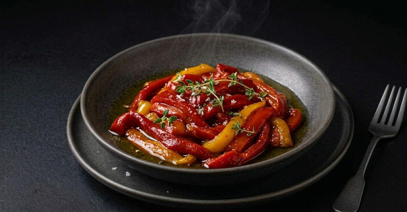 Pimientos asados artesanos con aceite de oliva virgen extra en restaurante cerca de Avilés