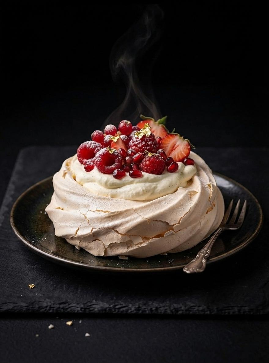 Postre artesano Pavlova con merengue crujiente y fruta fresca de temporada en restaurante en Asturias
