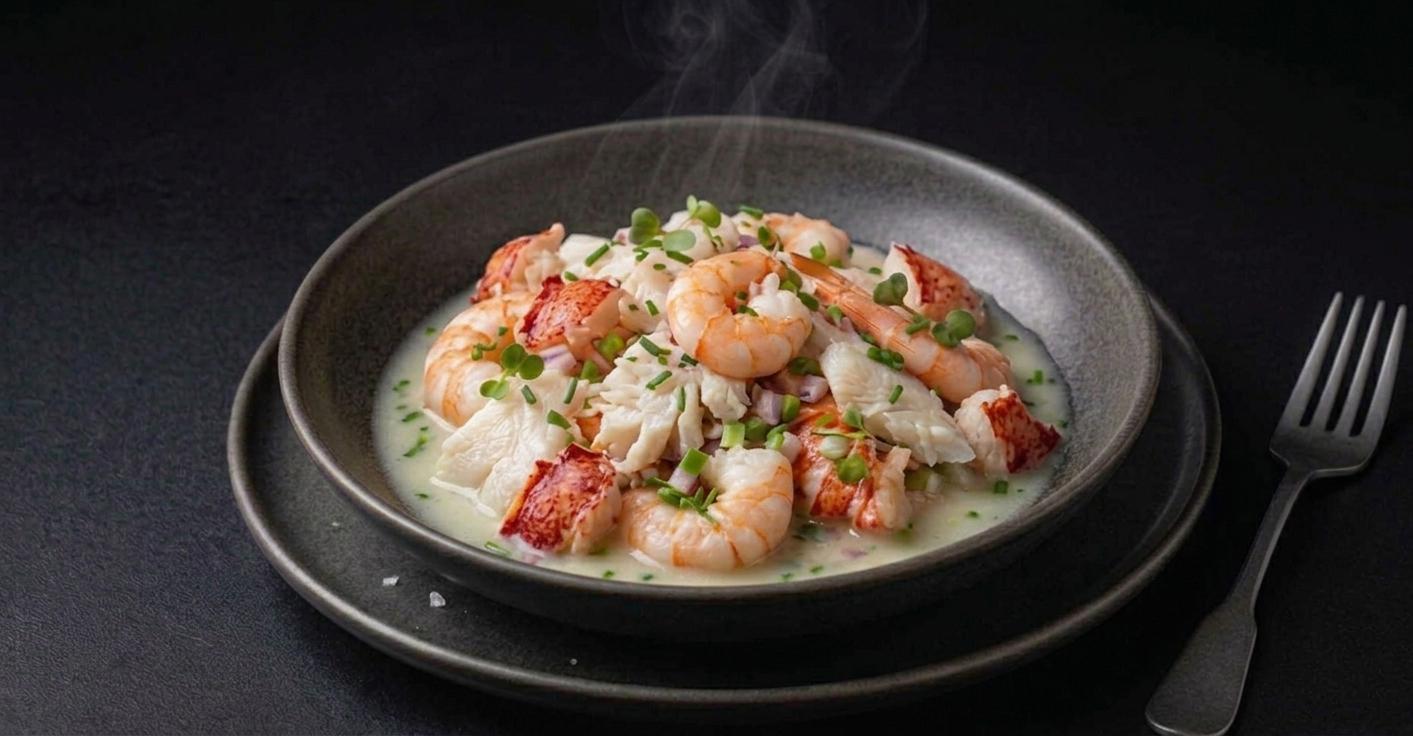 Salpicón de bogavante, langostino, lenguado y gamba con suero de cebolleta en restaurante frente a la playa de Santa María del Mar